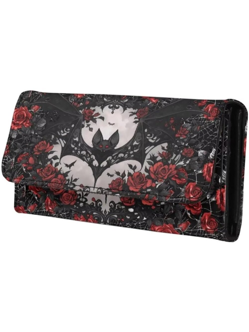 🎃Women's Bat Rose Spider Purse Black PU Leather Slim Wallet Long Trifold Purse
